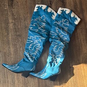 Blue Embroidered Knee-High Boots